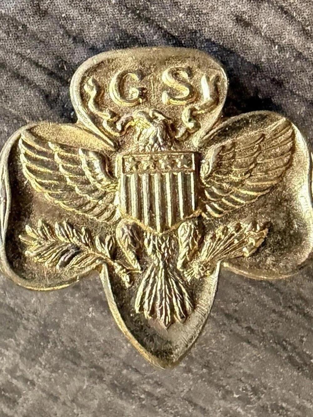 Girl Scouts Vintage Brass Trefoil Pin with Eagle Emblem